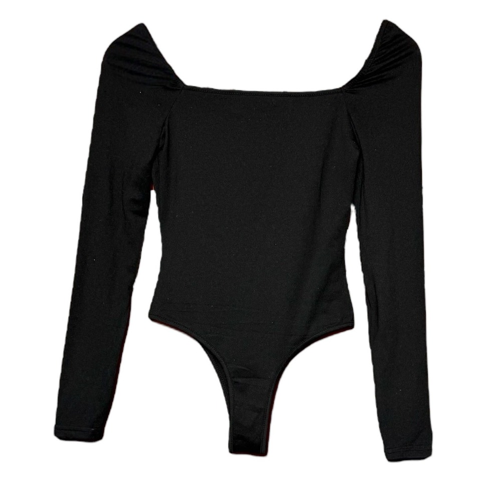 SHEIN Bodysuit Long Sleeve Square Neck Snap Crotch‎ Black Women Size XS